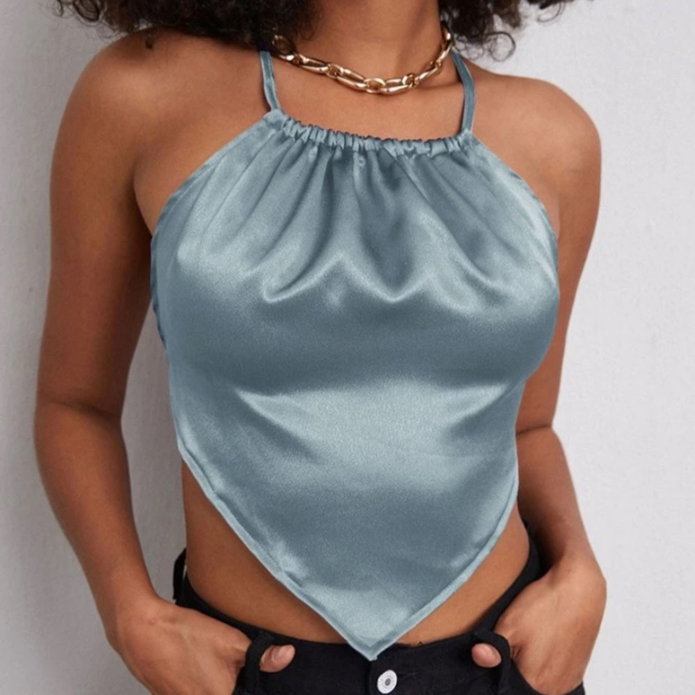 Baby blue silk v shaped crop top with open strapped back